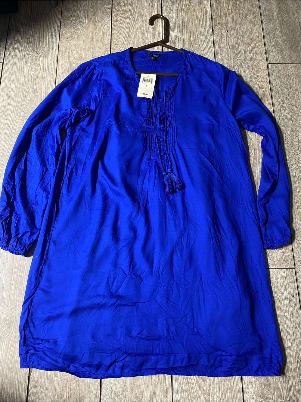 NWT Lucky Brand Royal Blue Pintuck Pleated Shift Mini Dress Boho Tassel Size S